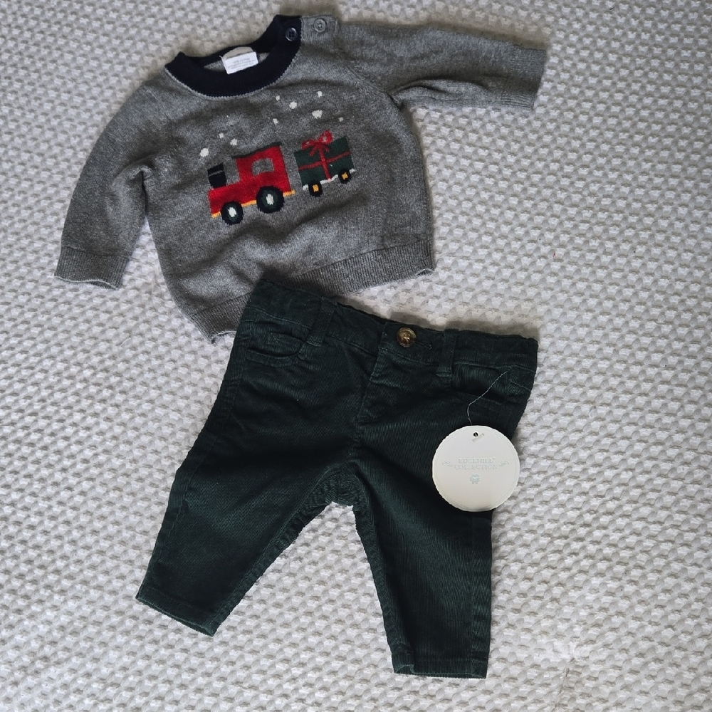 Gray Sweater with Red Train and Green Pants Set